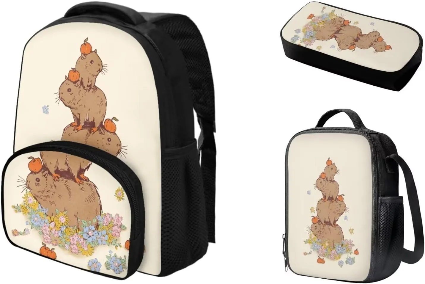 Funny Capybara Backpack Set Kids Toddler Elementary School Bag Bookbag with Insulated Lunch Box Pencil Pouch Pen Bag 12 Inch Backpack School Bag for Kids Toddler