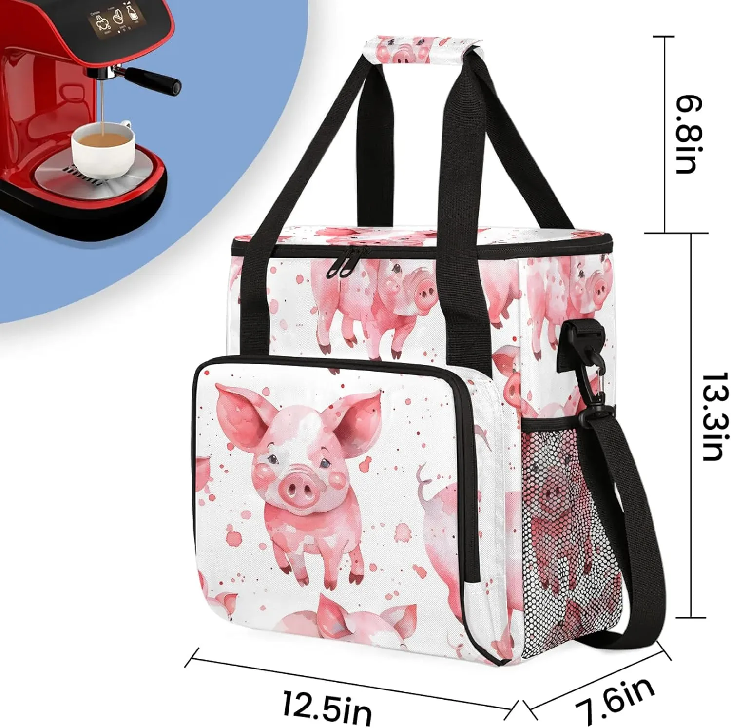 Funny Pig Coffee Maker Carring Bag, Large Insulated Storage Organizer Case Tote Bags with Shoulder Strap for Travel Work Picnic