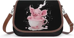 Funny Pigs Cup Messenger Bag for Women PU Leather Crossbody Bags Shoulder Handbags Purse