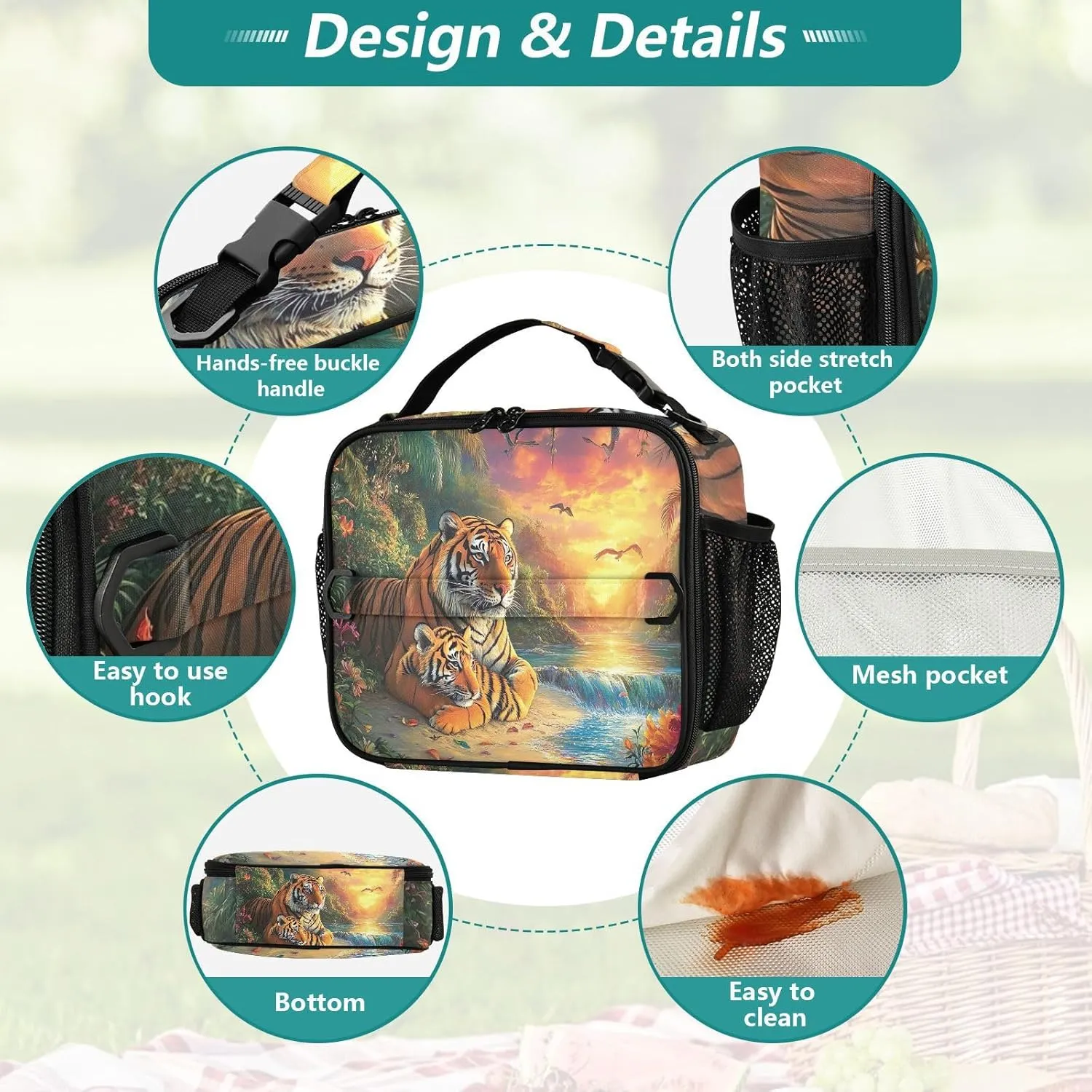 GAIGEO Tigers Painting Scenic Landscape Lunch Box Girls Women Lunch Bag Kids Mens Lunchbox for Work Reusable Cooler Bag Insulated with Adjustable Shoulder Strap