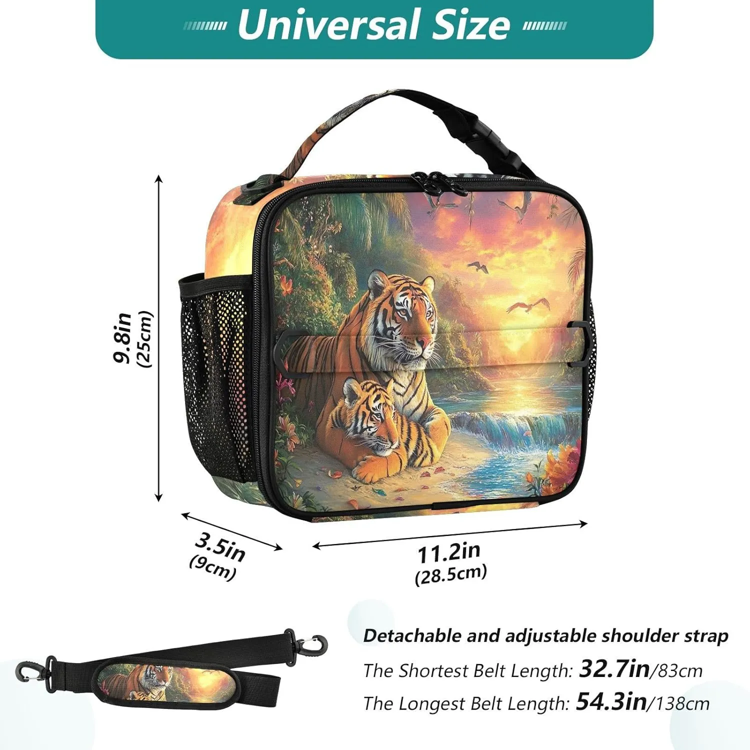 GAIGEO Tigers Painting Scenic Landscape Lunch Box Girls Women Lunch Bag Kids Mens Lunchbox for Work Reusable Cooler Bag Insulated with Adjustable Shoulder Strap