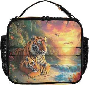 GAIGEO Tigers Painting Scenic Landscape Lunch Box Girls Women Lunch Bag Kids Mens Lunchbox for Work Reusable Cooler Bag Insulated with Adjustable Shoulder Strap