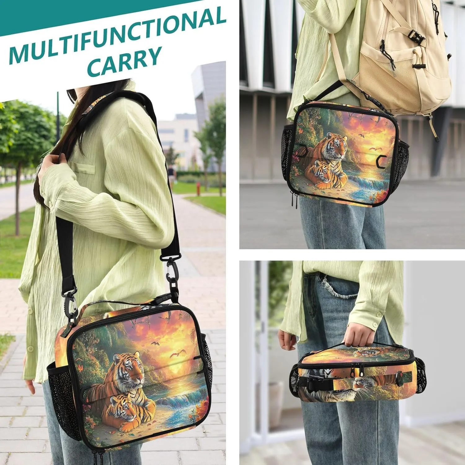 GAIGEO Tigers Painting Scenic Landscape Lunch Box Girls Women Lunch Bag Kids Mens Lunchbox for Work Reusable Cooler Bag Insulated with Adjustable Shoulder Strap