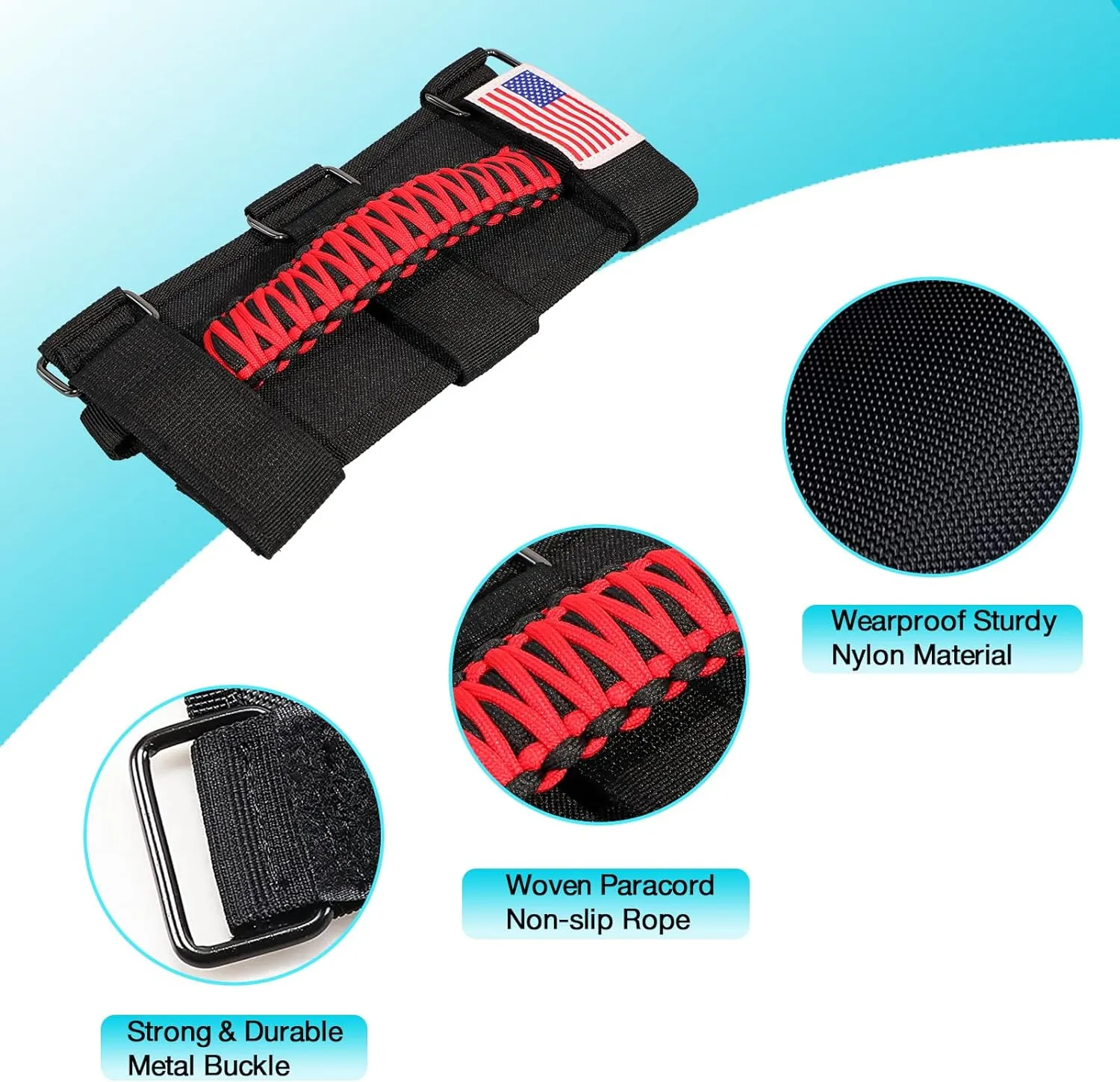 GAIZON 4 Pack Grab Handles Paracord Roll Bar for Jeep Wrangler Accessories CJ YJ TJ JL JK LJ JLU JKU Sahara Freedom Rubicon,Gladiator JT 1955-2023 Interior Accessories with America Flag(Red)