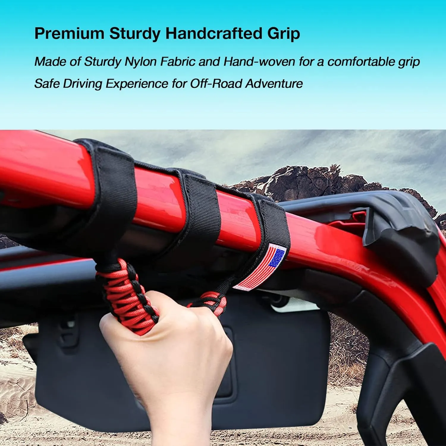 GAIZON 4 Pack Grab Handles Paracord Roll Bar for Jeep Wrangler Accessories CJ YJ TJ JL JK LJ JLU JKU Sahara Freedom Rubicon,Gladiator JT 1955-2023 Interior Accessories with America Flag(Red)
