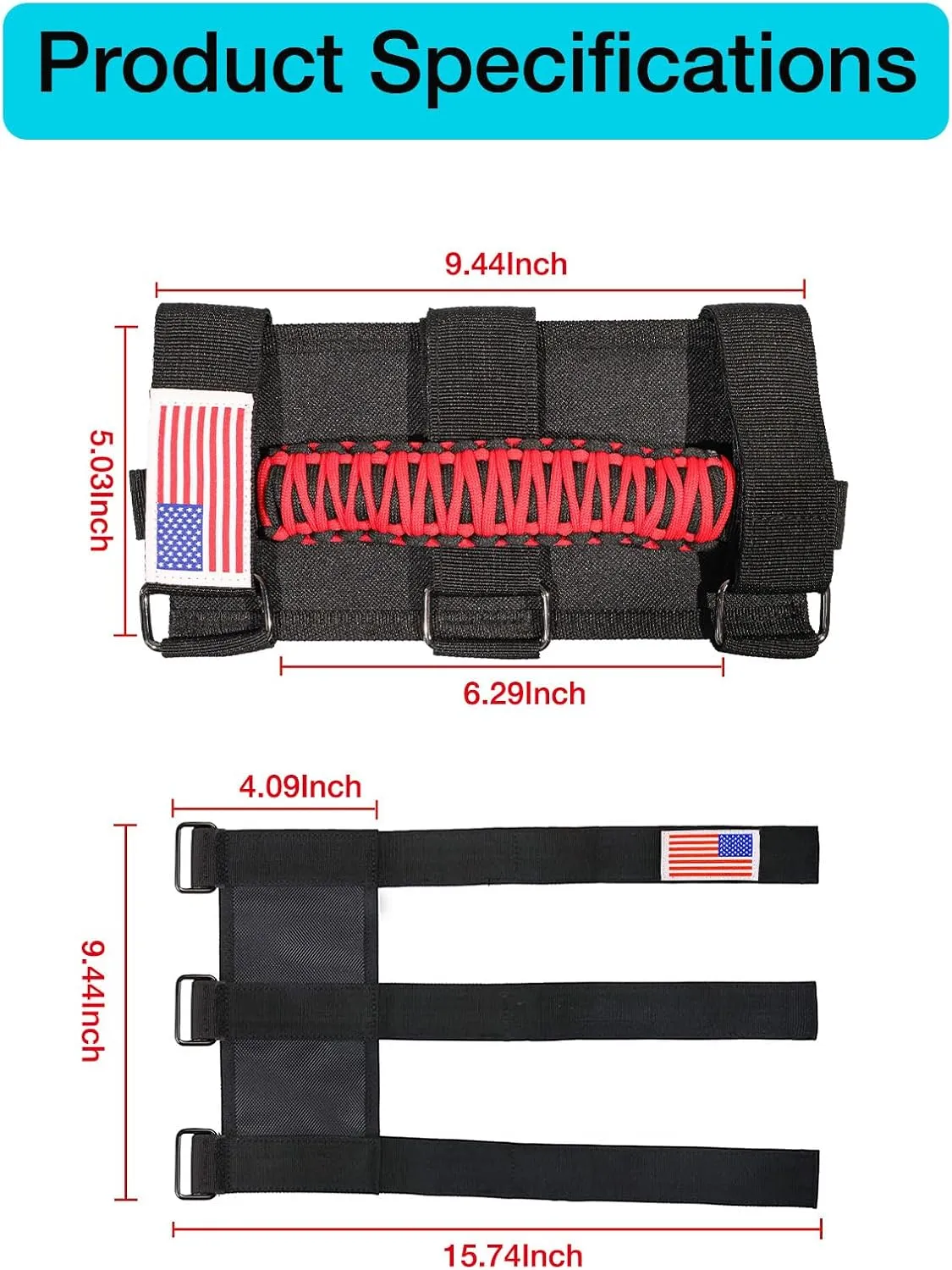 GAIZON 4 Pack Grab Handles Paracord Roll Bar for Jeep Wrangler Accessories CJ YJ TJ JL JK LJ JLU JKU Sahara Freedom Rubicon,Gladiator JT 1955-2023 Interior Accessories with America Flag(Red)
