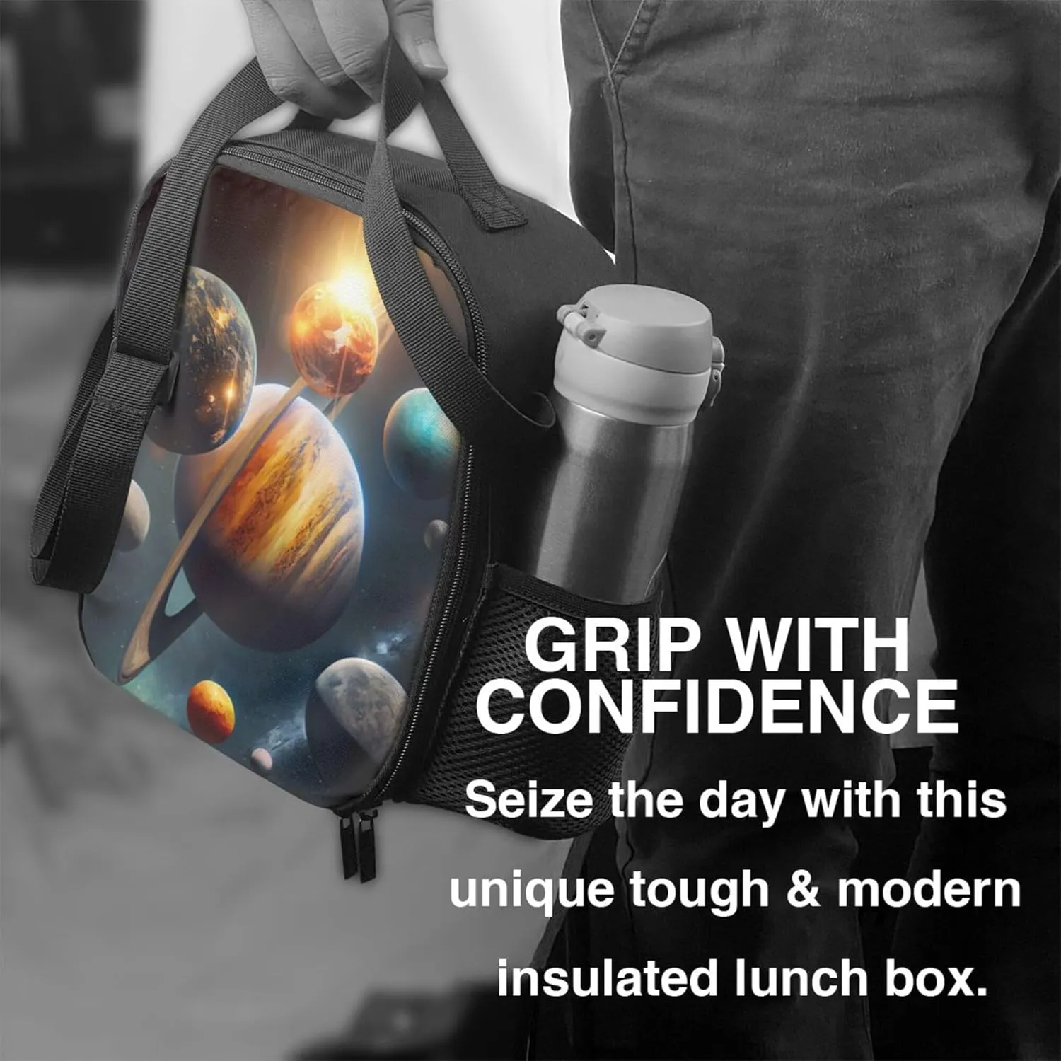 Galaxy Solar System Kids Lunch Box Planets in Outer Space Lunch Bags for Boys Girls Reusable Portable Waterproof Lunch Bags with Adjustable Shoulder Strap and Side Pocket