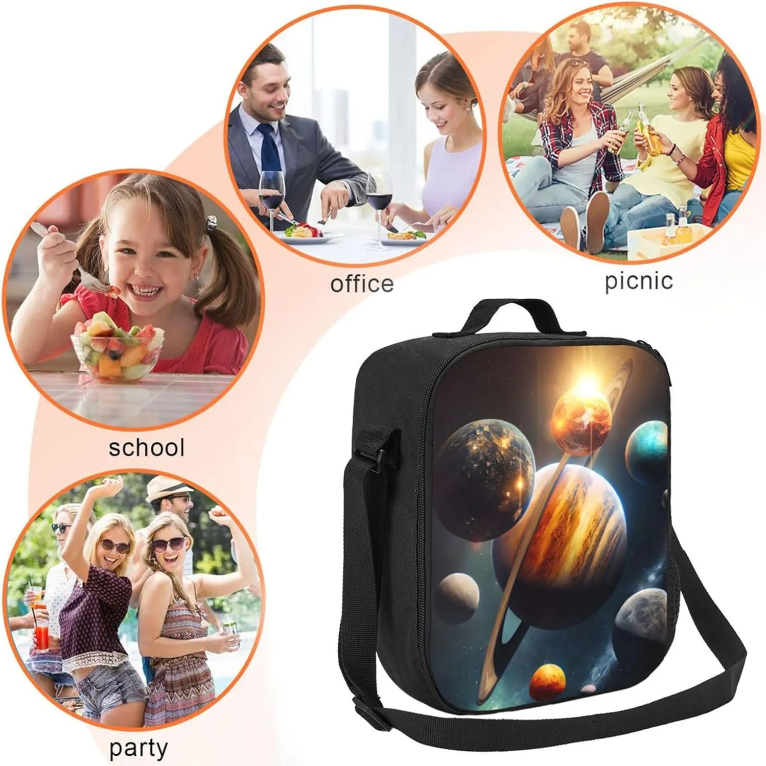 Galaxy Solar System Kids Lunch Box Planets in Outer Space Lunch Bags for Boys Girls Reusable Portable Waterproof Lunch Bags with Adjustable Shoulder Strap and Side Pocket