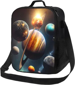 Galaxy Solar System Kids Lunch Box Planets in Outer Space Lunch Bags for Boys Girls Reusable Portable Waterproof Lunch Bags with Adjustable Shoulder Strap and Side Pocket