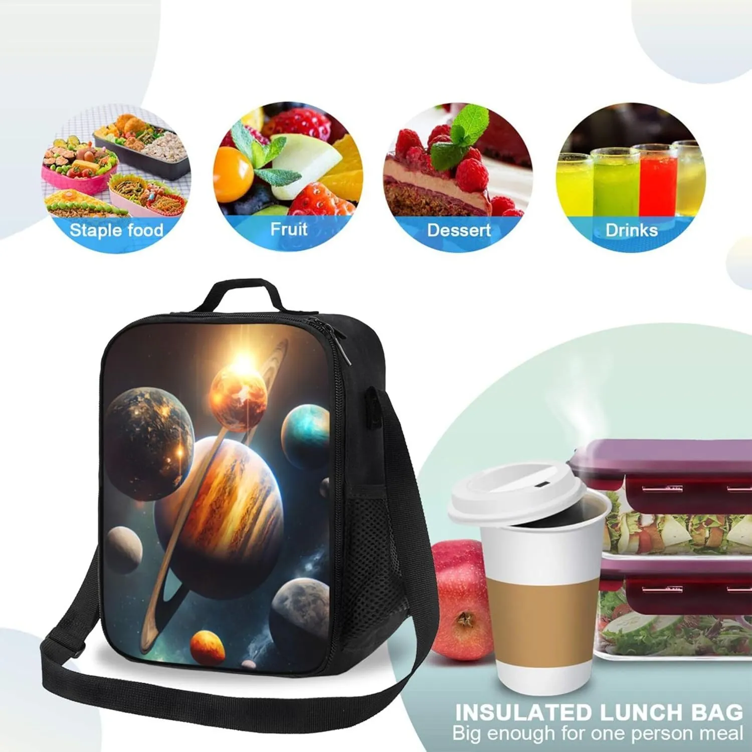 Galaxy Solar System Kids Lunch Box Planets in Outer Space Lunch Bags for Boys Girls Reusable Portable Waterproof Lunch Bags with Adjustable Shoulder Strap and Side Pocket