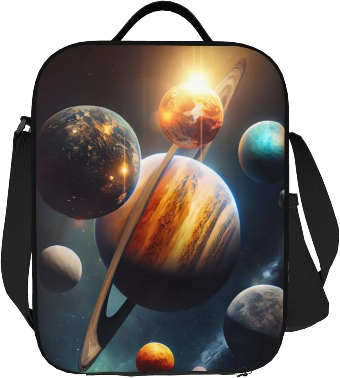 Galaxy Solar System Kids Lunch Box Planets in Outer Space Lunch Bags for Boys Girls Reusable Portable Waterproof Lunch Bags with Adjustable Shoulder Strap and Side Pocket