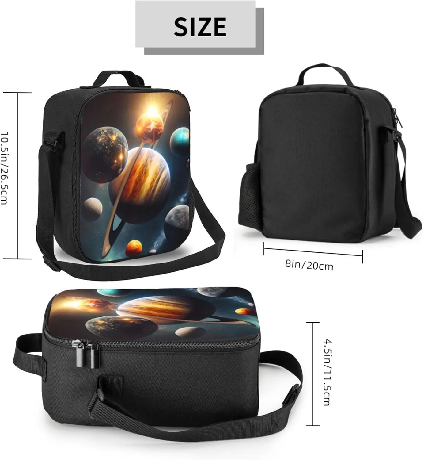 Galaxy Solar System Kids Lunch Box Planets in Outer Space Lunch Bags for Boys Girls Reusable Portable Waterproof Lunch Bags with Adjustable Shoulder Strap and Side Pocket