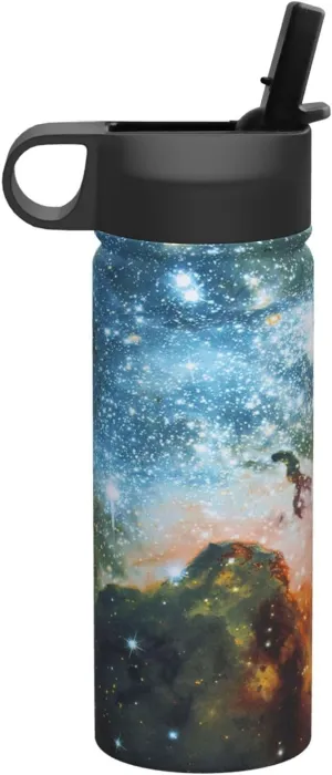 Galaxy Space. (2) Print Flask Stainless Steel Water Bottle with Straw 18OZ FOR Outdoor Gym Commute