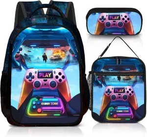 Game Backpack Set for Boys, Gaming Backpack 3 Pack, Boy Backpack Lunch Box, and Pencil Bag for Kids Teens Elementary Middle School， Large Capacity Game School Bag 17" Travel Back Pack