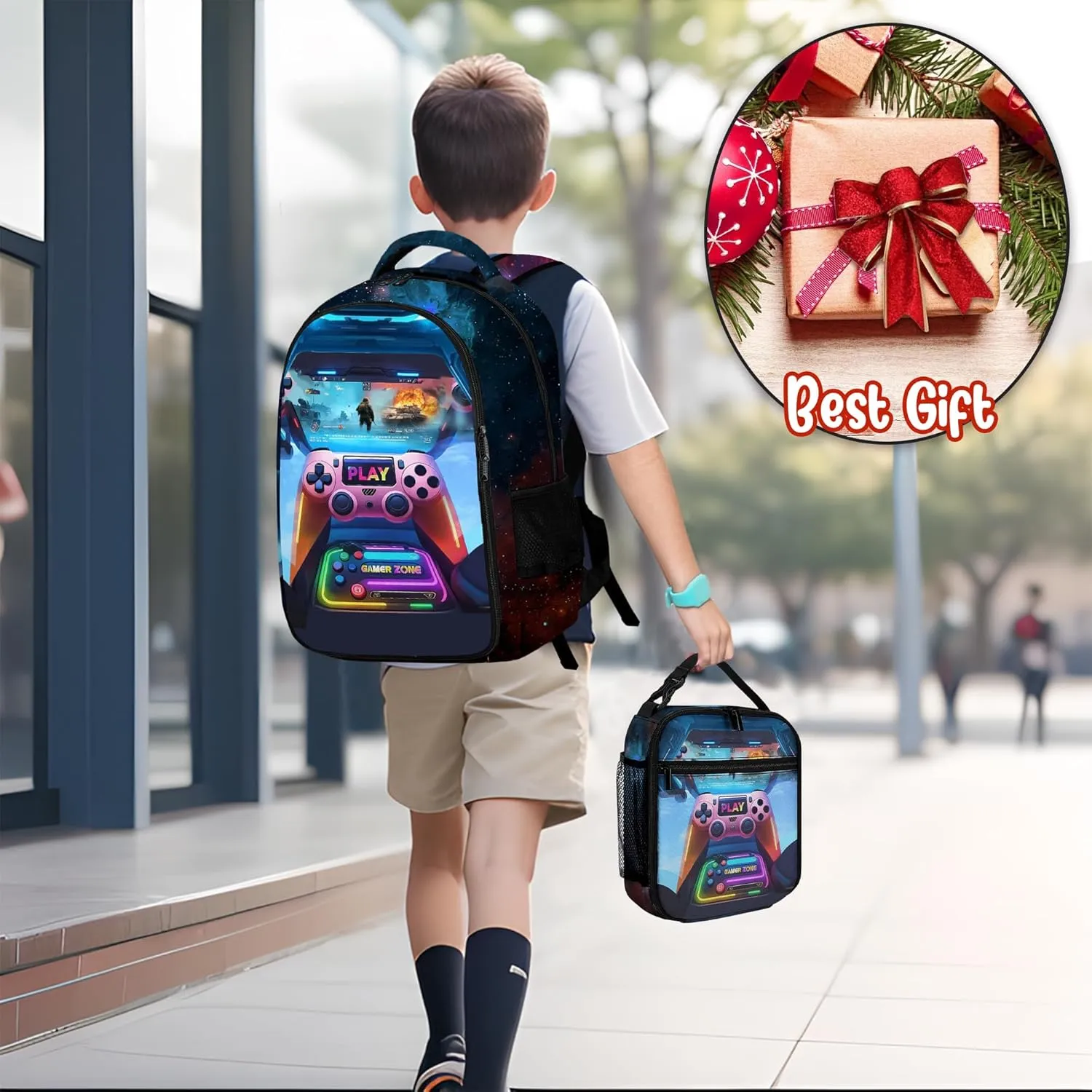 Game Backpack Set for Boys, Gaming Backpack 3 Pack, Boy Backpack Lunch Box, and Pencil Bag for Kids Teens Elementary Middle School， Large Capacity Game School Bag 17" Travel Back Pack