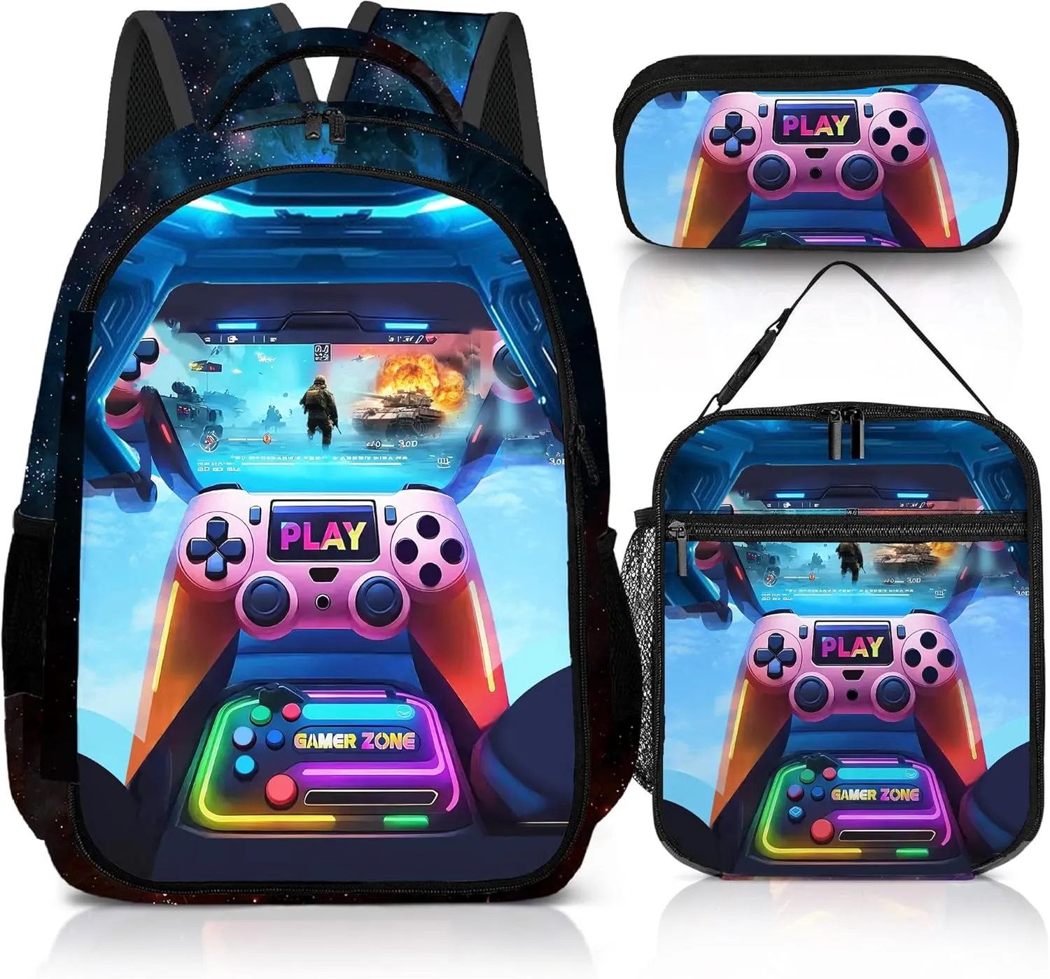 Game Backpack Set for Boys, Gaming Backpack 3 Pack, Boy Backpack Lunch Box, and Pencil Bag for Kids Teens Elementary Middle School， Large Capacity Game School Bag 17" Travel Back Pack