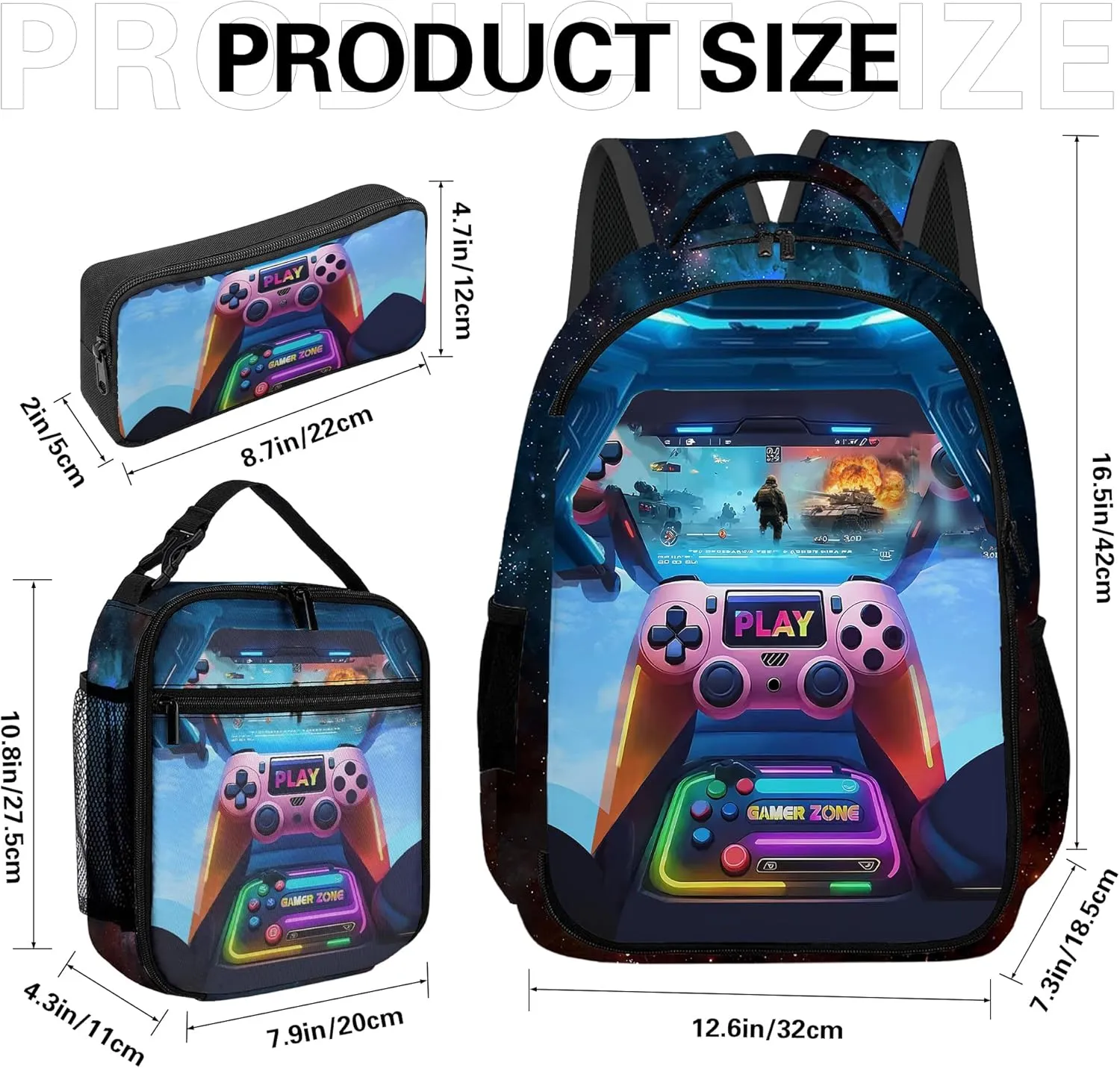 Game Backpack Set for Boys, Gaming Backpack 3 Pack, Boy Backpack Lunch Box, and Pencil Bag for Kids Teens Elementary Middle School， Large Capacity Game School Bag 17" Travel Back Pack