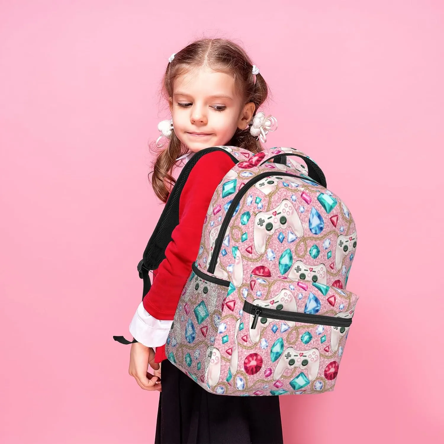 Gamepad Backpack for Girls Pink Video Game Backpack for Kids Gaming Print School Bag Lightweight Waterproof Adjustable Colorful Bookbag for Children Teens Travel Daypack