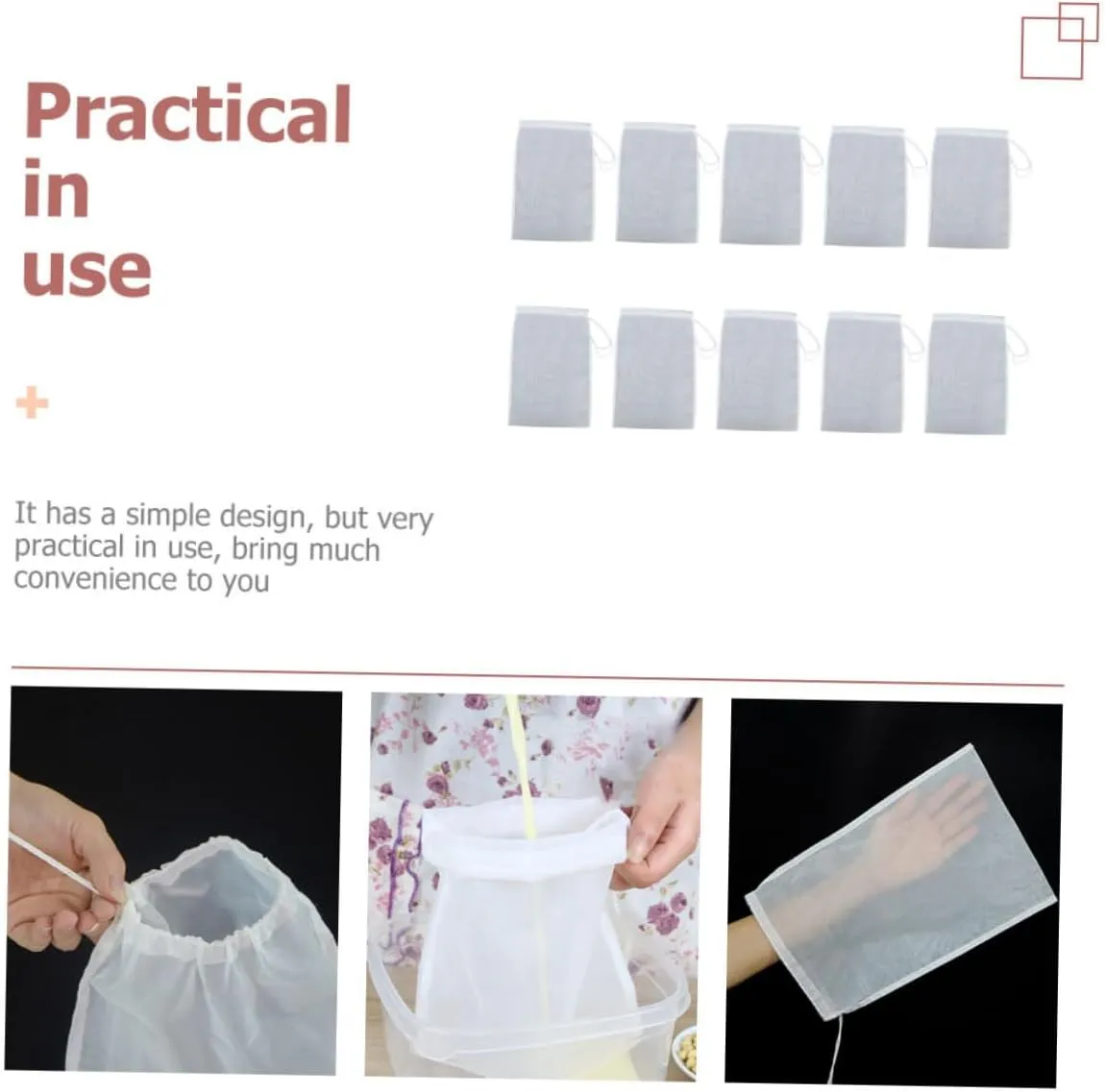 Garneck 3sets Fine Mesh Nut Milk Juice Filter Bag Drawstring Nylon Pocket Soy Milk Filter Pouch Easy Clean Store Home Restaurant Use 10pcs*3