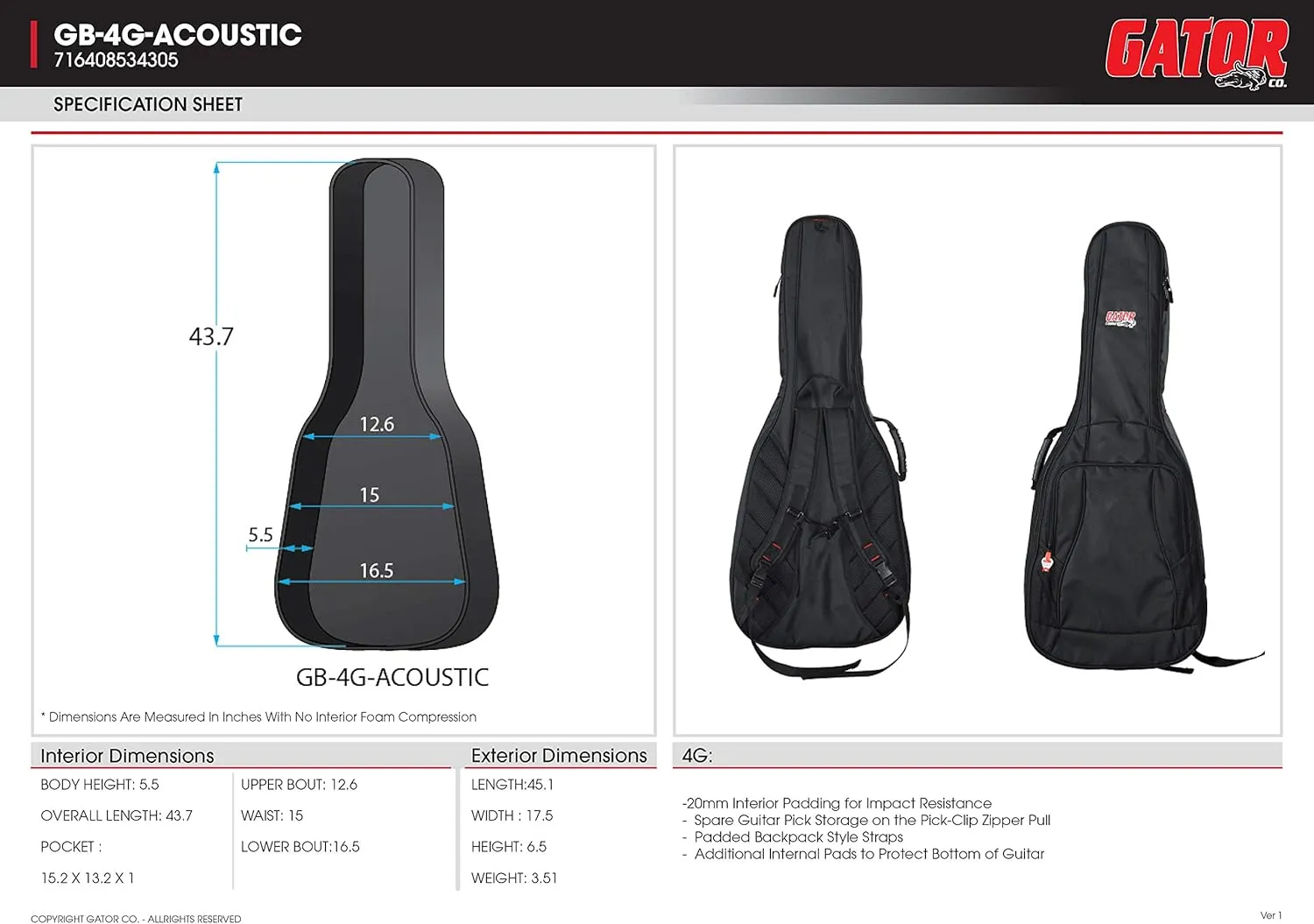 Gator Cases 4G-MiZone Series Gig Bag For Acoustic Guitars with Adjustable Backpack Straps, Fits Most Dreadnought Style Acoustic Guitars (GB-4G-ACOUSTIC)