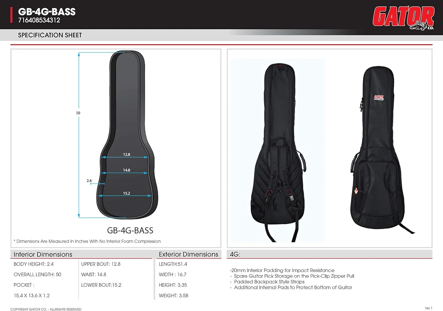 Gator Cases 4G-MiZone Series Gig Bag For Bass Guitars with Adjustable Backpack Straps, Fits Precision and Jazz Bass Style Bass Guitars (GB-4G-BASS)