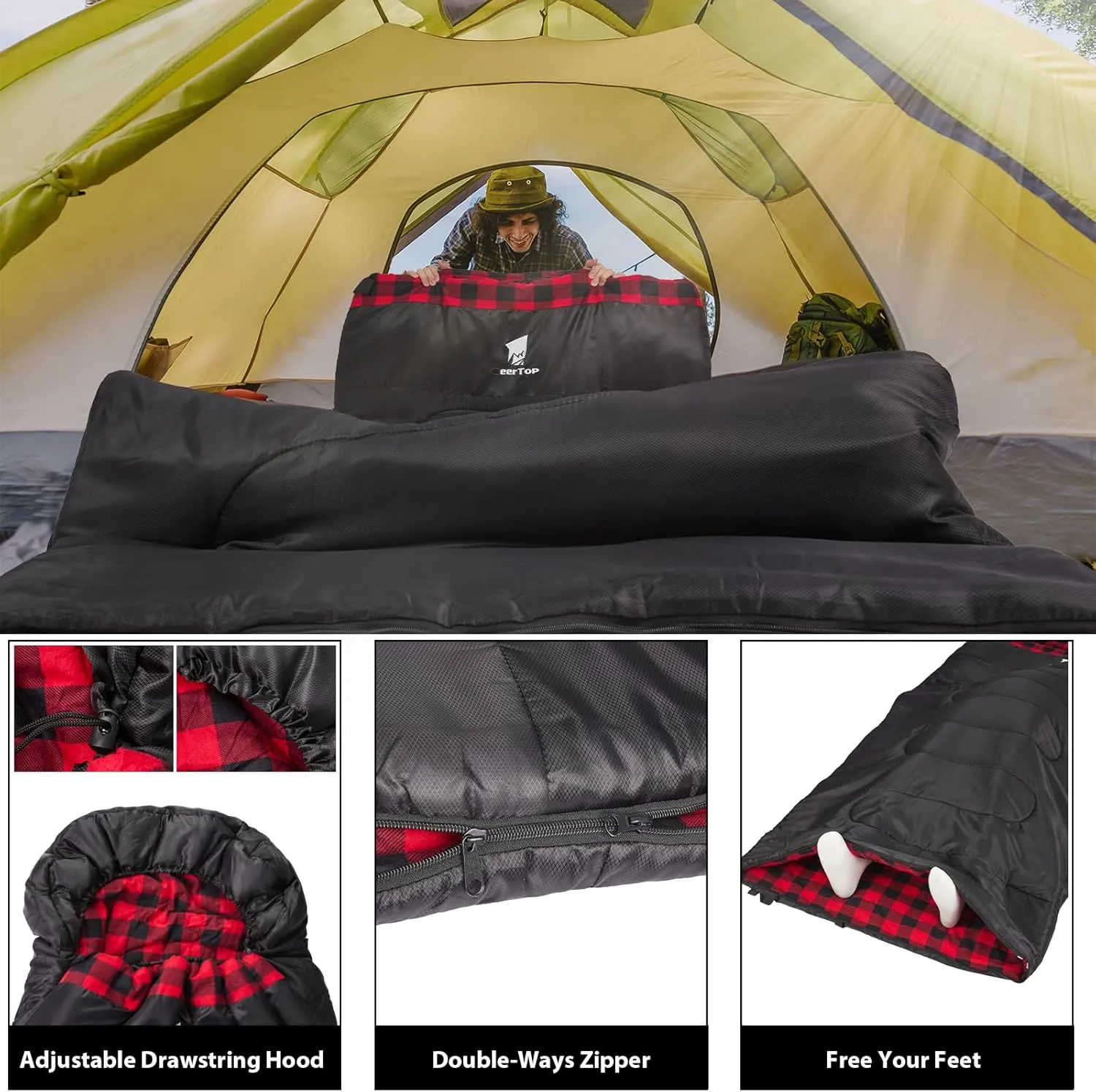 GEERTOP Flannel Sleeping Bags for Adults Big & Tall People Portable Cold Weather Envelope XXL All Seasons Camping Sleeping Bag