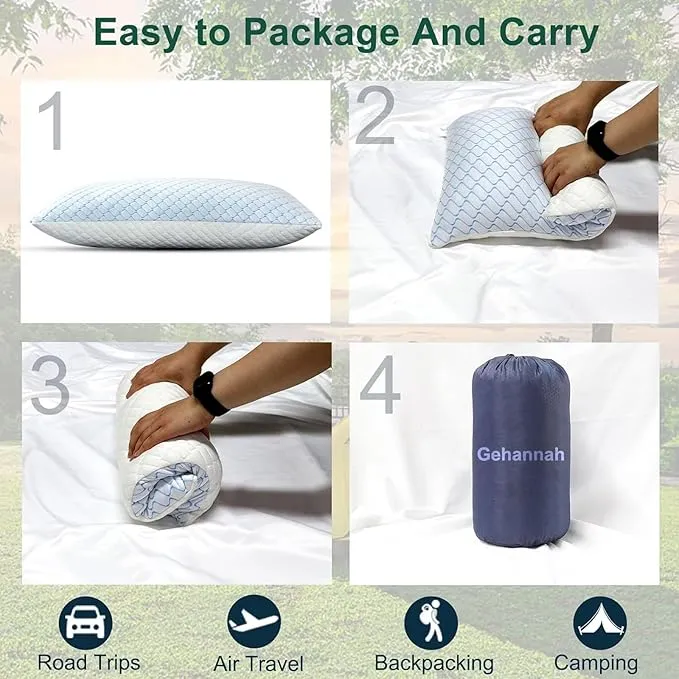 Gehannah Travel Pillow - Large 2 pack Compressible Camping Pillow for Sleeping - Shredded Memory Foam Pillow with 2 Storage Bag Compact Supportive, Pillow for Adult Kid Outdoor Backpacking Hiking Gear