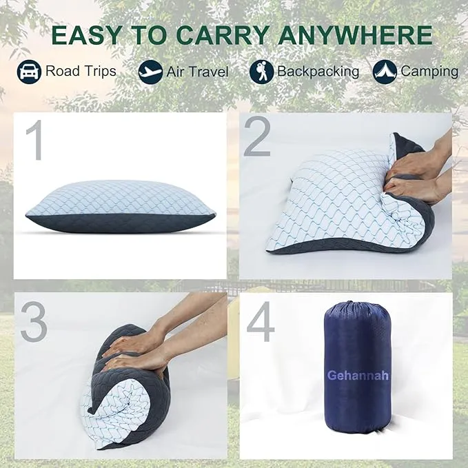 Gehannah Travel Pillow - Large Size Compressible Camping Pillow for Sleeping, Shredded Memory Foam Pillow with Storage Bag Compact Supportive, Pillow for Adults Kids Outdoor Backpacking Hiking Gear