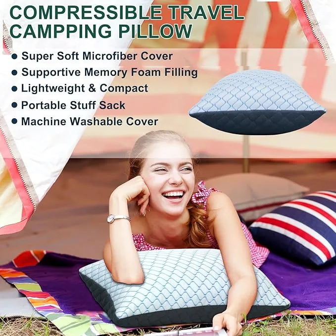 Gehannah Travel Pillow - Large Size Compressible Camping Pillow for Sleeping, Shredded Memory Foam Pillow with Storage Bag Compact Supportive, Pillow for Adults Kids Outdoor Backpacking Hiking Gear