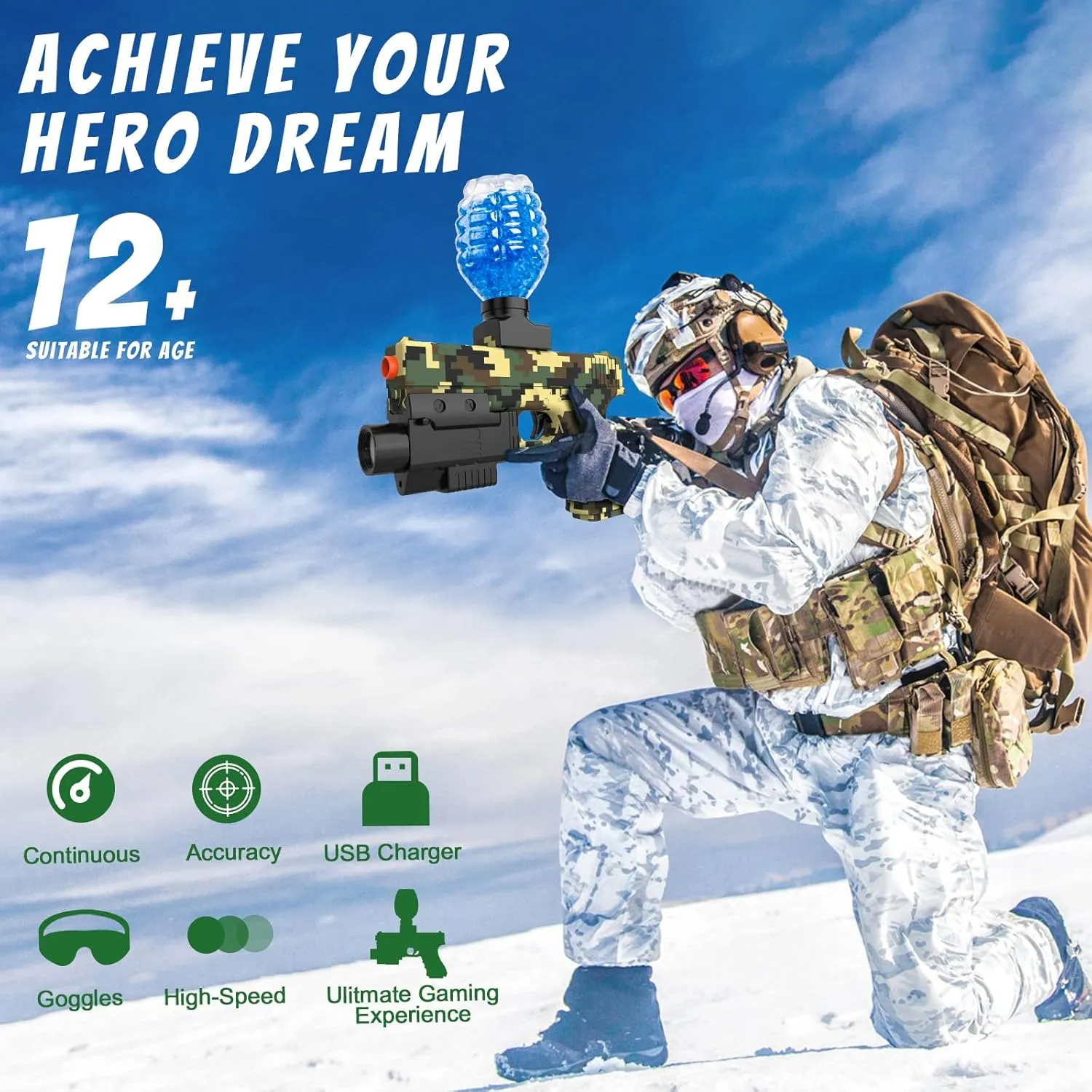 Gel Ball Blaster Gun, Splat Gel Gun for Precision Shooting, Electric Water Ball Blaster Gun with Top Loading Design JM-X3, Great for Competitive Team Play, Ages 15  (Deep Camo)