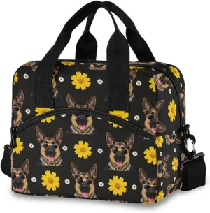 German Shepherd Dog Flower Insulated Lunch Box for Women Men Reusable Lunch Bag for Office Picnic Cooler Bags with Adjustable Shoulder Strap