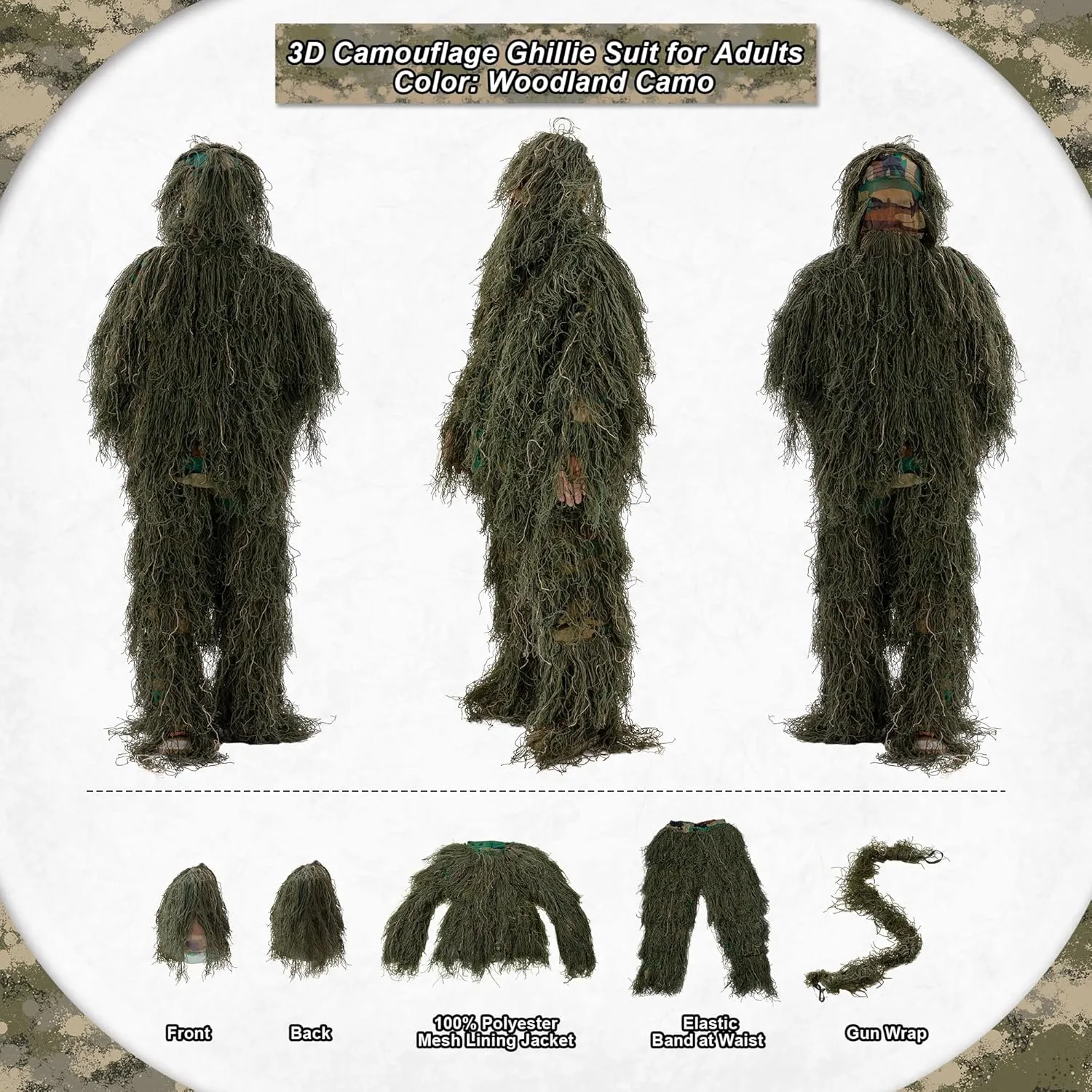 Ghillie Suit for Men, Gilly Suit for Adults Camo Hunting Clothes 3D Woodland Camouflage Suits for Hunting