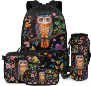 Girls Backpack and Lunch Box Set Owl Kids Backpack Elementary School Floral Bookbag and Lunch Box Set for Girls 4-in-1 Back to School Gifts Bag with Detachable Lunchbag