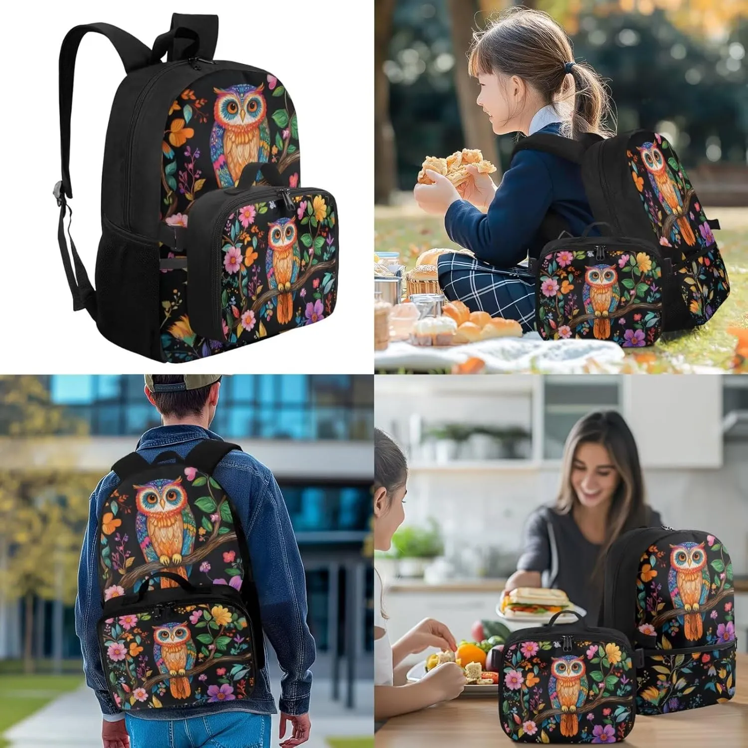 Girls Backpack and Lunch Box Set Owl Kids Backpack Elementary School Floral Bookbag and Lunch Box Set for Girls 4-in-1 Back to School Gifts Bag with Detachable Lunchbag
