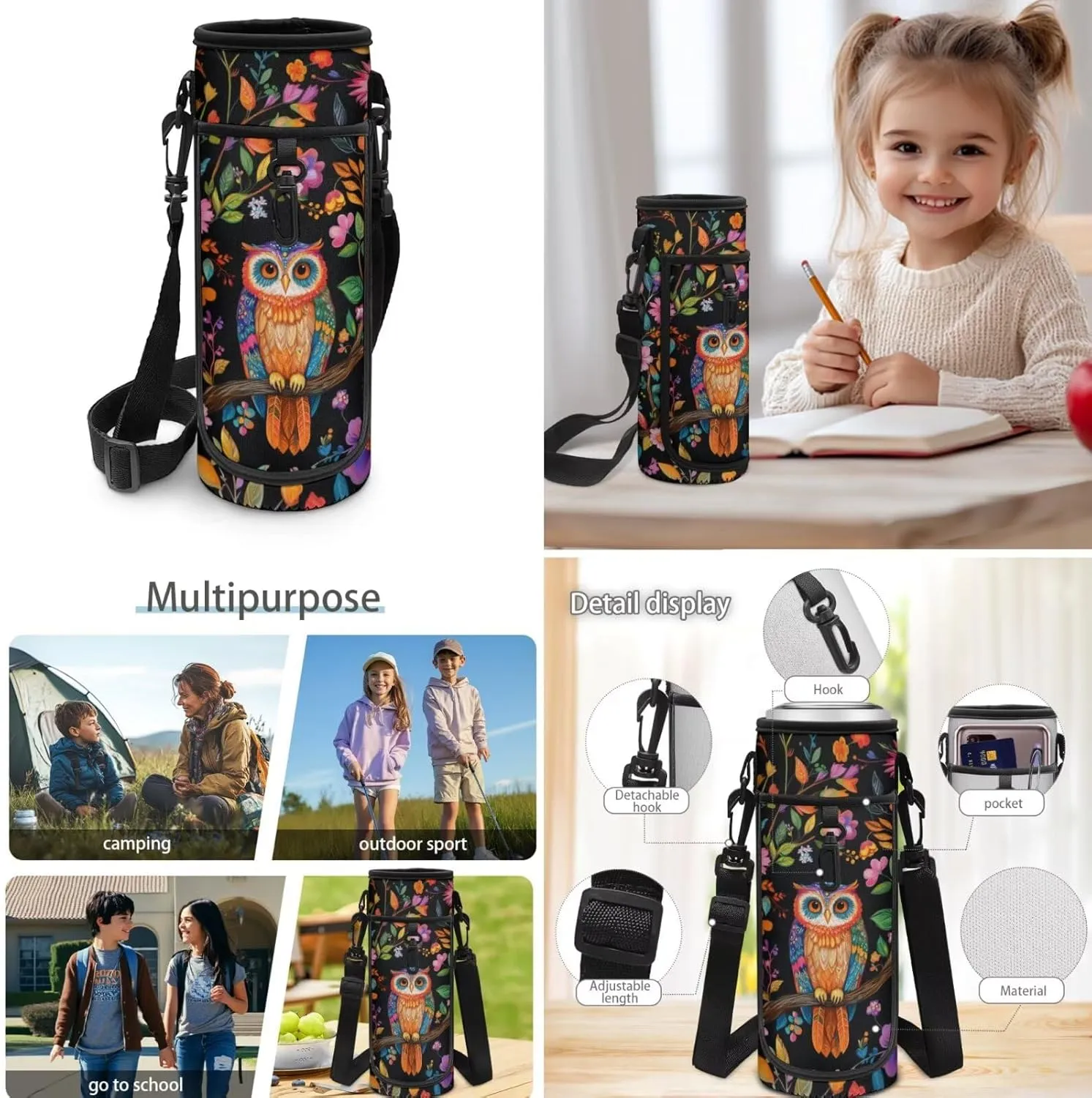 Girls Backpack and Lunch Box Set Owl Kids Backpack Elementary School Floral Bookbag and Lunch Box Set for Girls 4-in-1 Back to School Gifts Bag with Detachable Lunchbag
