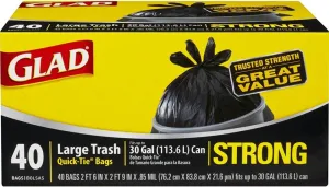 Glad Trash Bags, Large Quick-Tie Garbage Bags - Extra Strong 30 Gallon Black Trash Bag - 40 Count