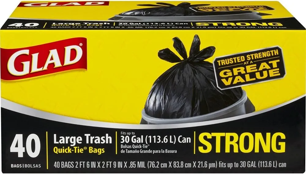Glad Trash Bags, Large Quick-Tie Garbage Bags - Extra Strong 30 Gallon Black Trash Bag - 40 Count