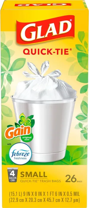 Glad Trash Bags, OdorShield Small Garbage Bags, Gain Original & Febreze, 4 Gal, 26 Count (Pack of 6)