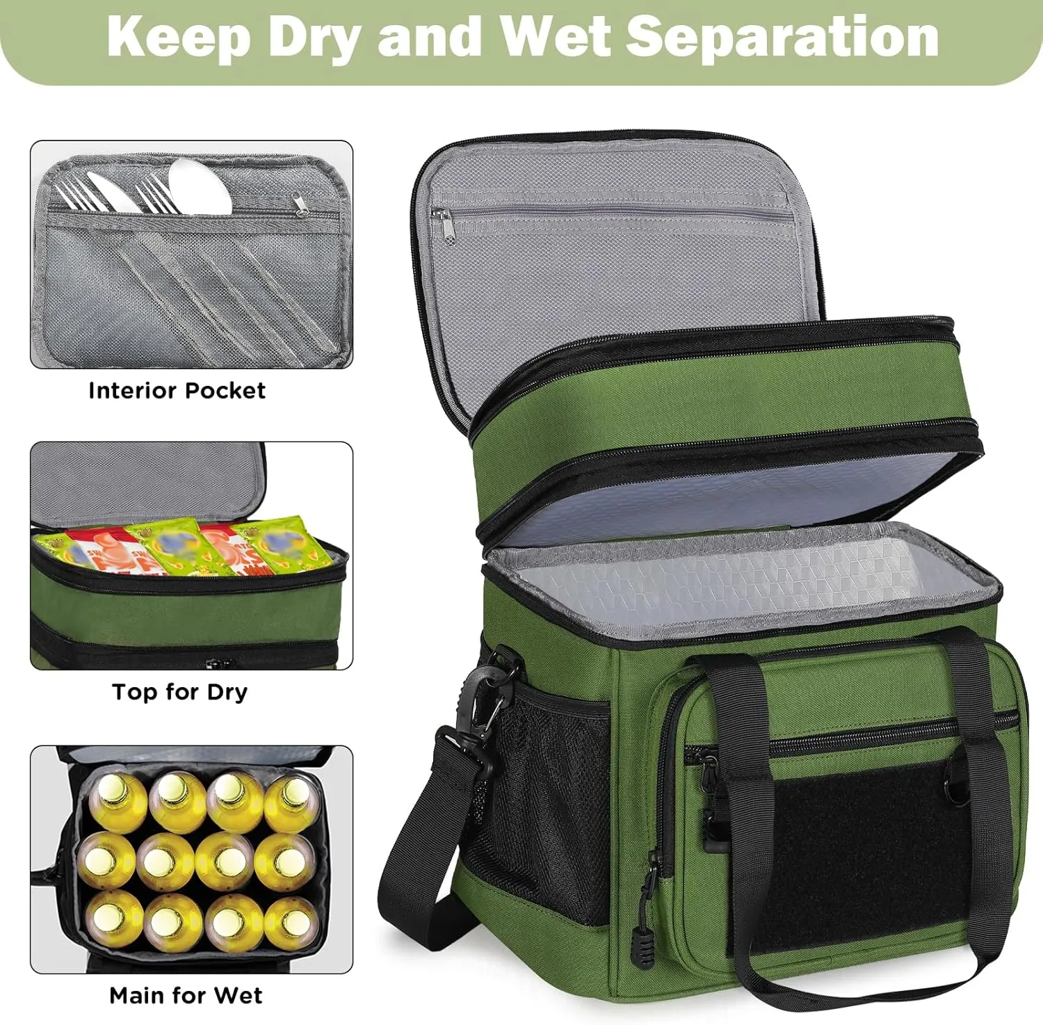 GLENKEY Double Deck Insulated Lunch Box, Expandable Large Lunch Bag Leakproof Cooler Bag Lunch Pail for Men Women Adults Work Shifts Travel Daytrip,16L,Army Green