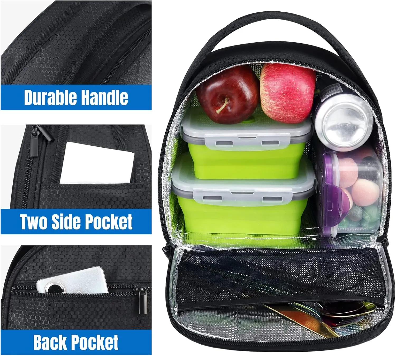 Gloppie Insulated Lunch Bags Lunch Box Cooler Bags Lunch Tote Bag for Bento Box, for Kids Adult, Black Honeycomb