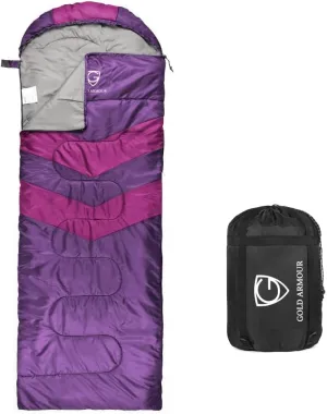 Gold Armour Sleeping Bags for Adults Cold Weather & Warm - Backpacking Camping Sleeping Bag for Kids 10-12, Girls, Boys - Lightweight Compact Camping Essentials Gear Accessories, Right Zipper