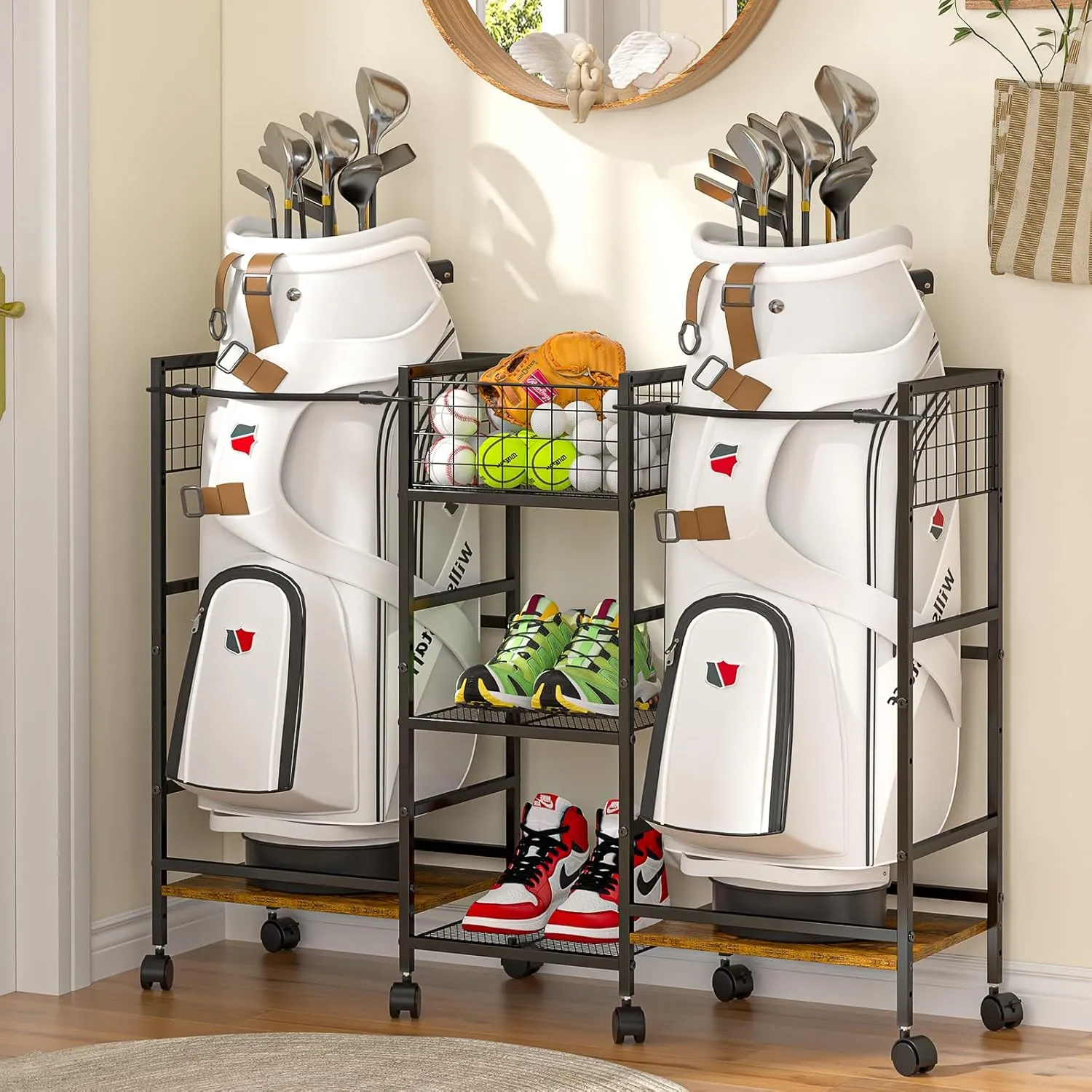 Golf Bag Storage Organizer for Garage, Golf Bag Stand for 2 Bags and Equipment Accessories，Freestanding Golf Club Holder with Wheels Ideal for Home, Garage, Club, Shed, Basement - Sturdy And Durable