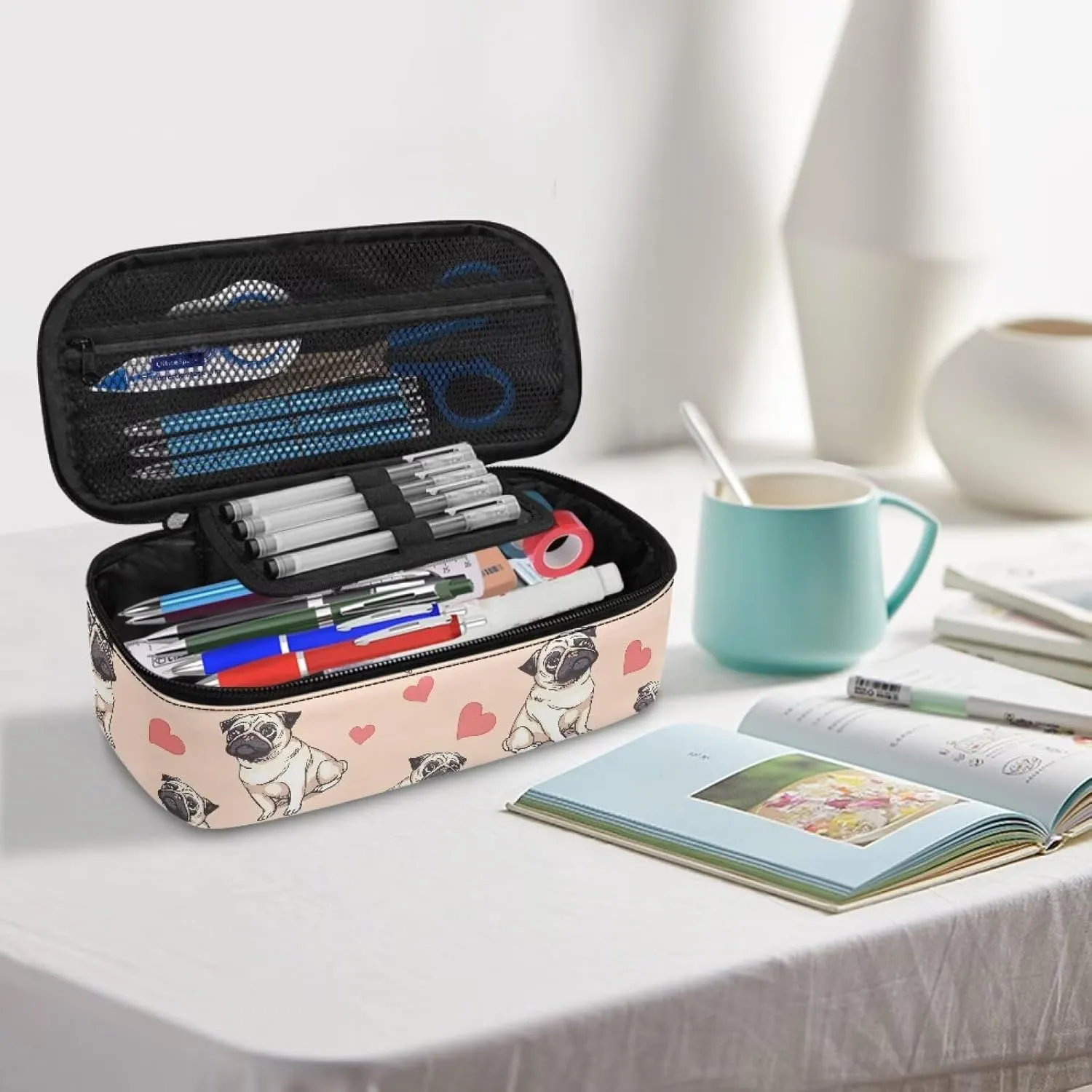 Gomyblomy Hearts Pugs Pencil Case for Kids Girls Women Cute Pen Organizer Pencil Holder Box High Capacity Stationery Storage Bags with Pen Slots Zipper Makeup Bags for Travel School