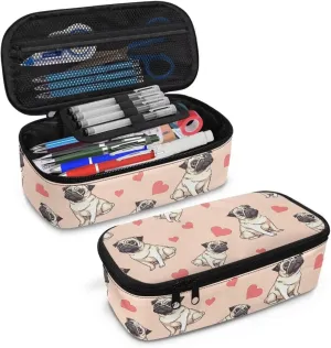 Gomyblomy Hearts Pugs Pencil Case for Kids Girls Women Cute Pen Organizer Pencil Holder Box High Capacity Stationery Storage Bags with Pen Slots Zipper Makeup Bags for Travel School