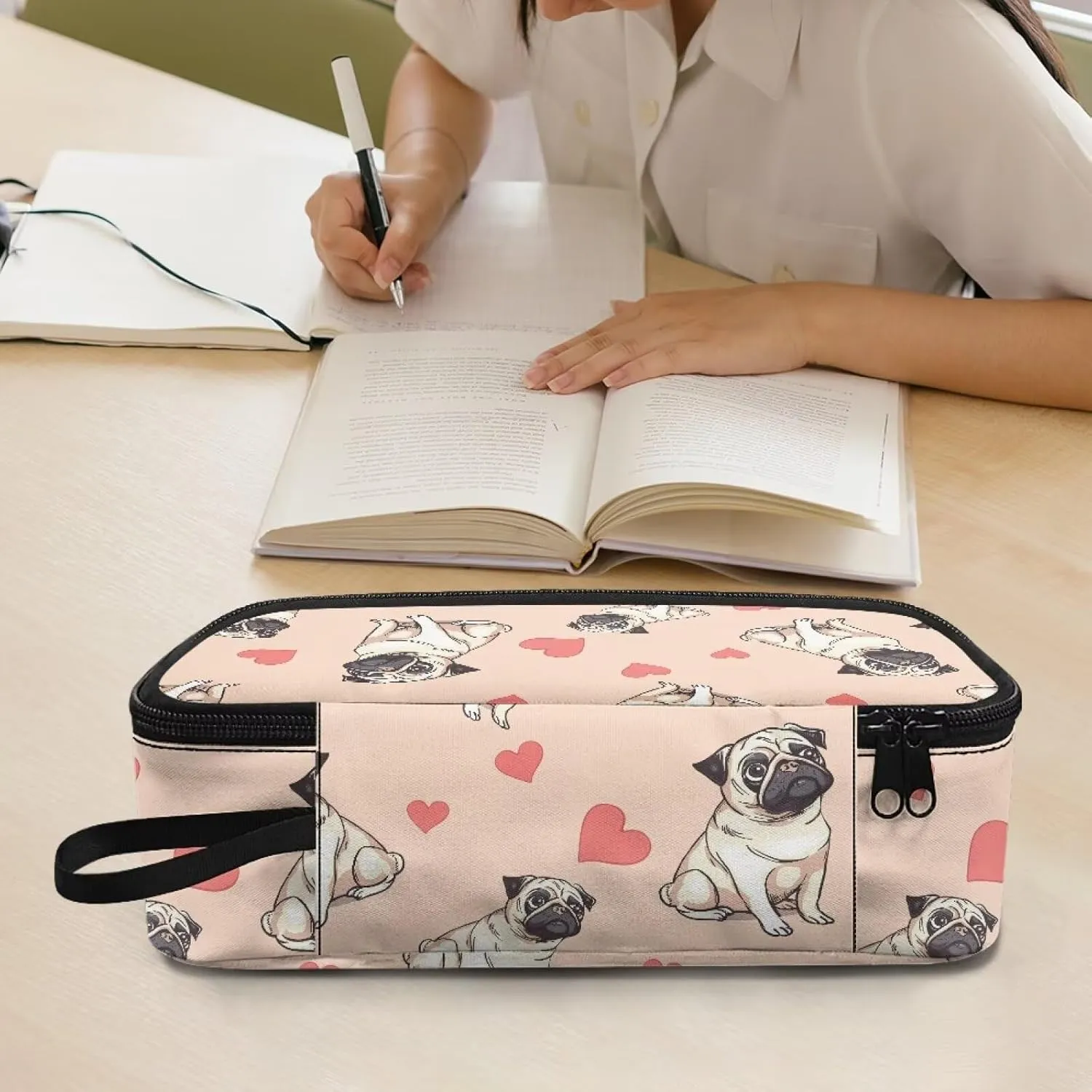 Gomyblomy Hearts Pugs Pencil Case for Kids Girls Women Cute Pen Organizer Pencil Holder Box High Capacity Stationery Storage Bags with Pen Slots Zipper Makeup Bags for Travel School