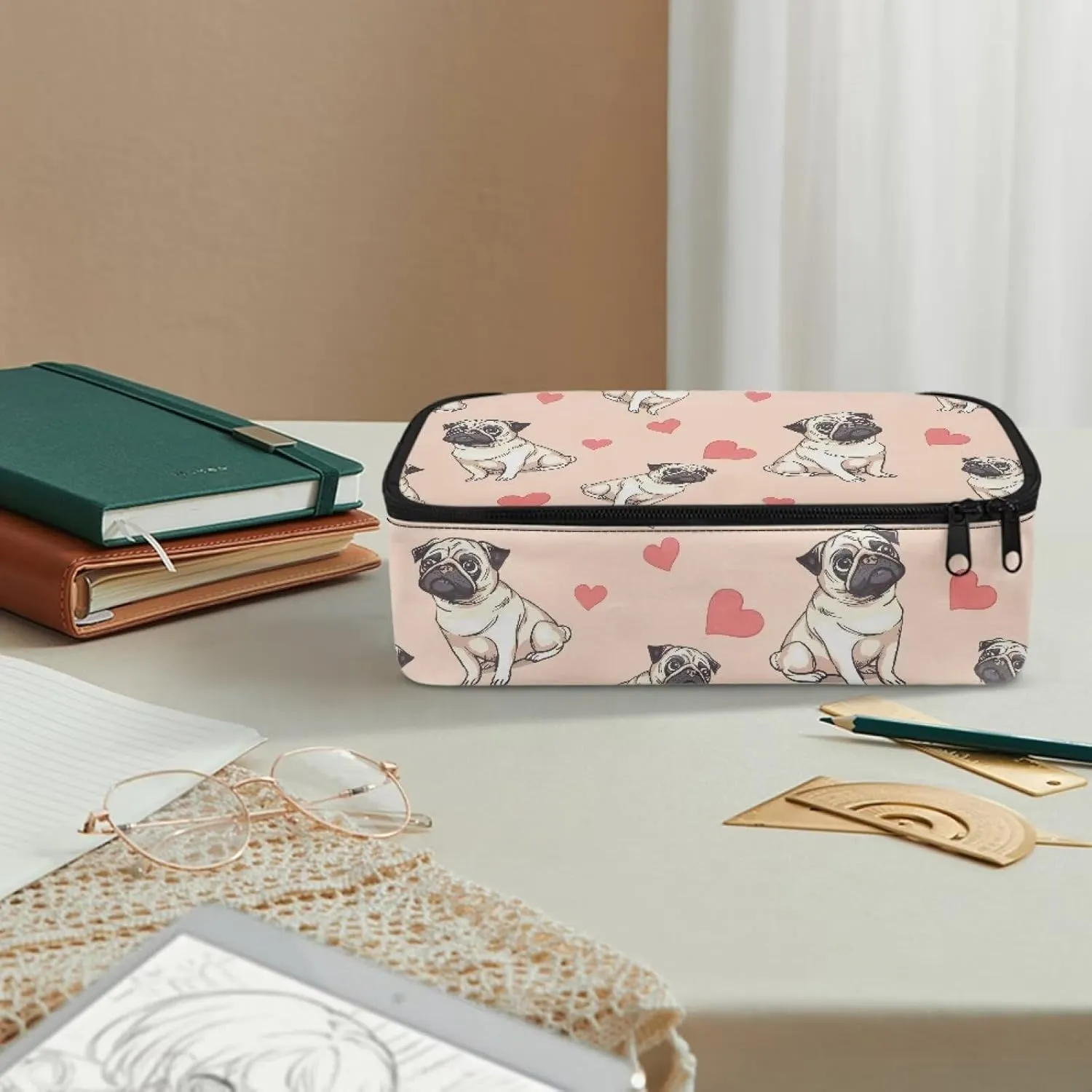 Gomyblomy Hearts Pugs Pencil Case for Kids Girls Women Cute Pen Organizer Pencil Holder Box High Capacity Stationery Storage Bags with Pen Slots Zipper Makeup Bags for Travel School