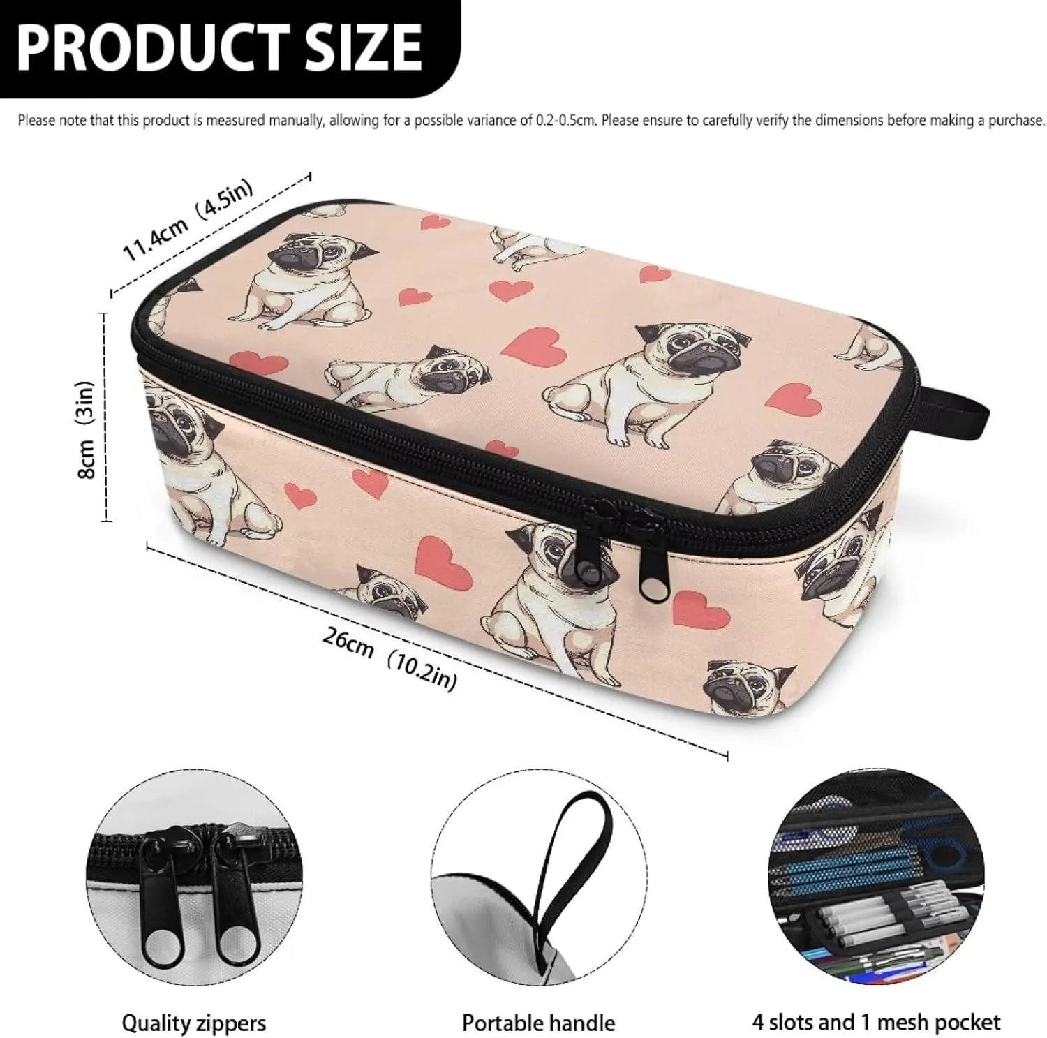 Gomyblomy Hearts Pugs Pencil Case for Kids Girls Women Cute Pen Organizer Pencil Holder Box High Capacity Stationery Storage Bags with Pen Slots Zipper Makeup Bags for Travel School