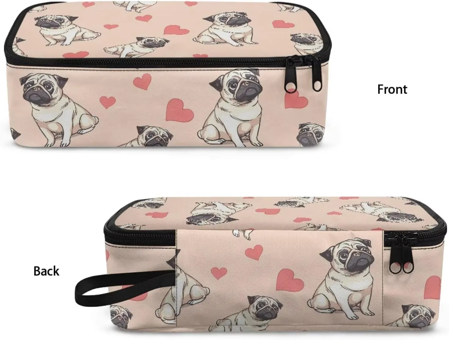 Gomyblomy Hearts Pugs Pencil Case for Kids Girls Women Cute Pen Organizer Pencil Holder Box High Capacity Stationery Storage Bags with Pen Slots Zipper Makeup Bags for Travel School