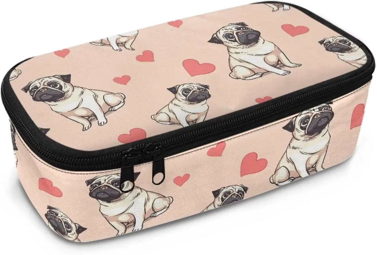 Gomyblomy Hearts Pugs Pencil Case for Kids Girls Women Cute Pen Organizer Pencil Holder Box High Capacity Stationery Storage Bags with Pen Slots Zipper Makeup Bags for Travel School