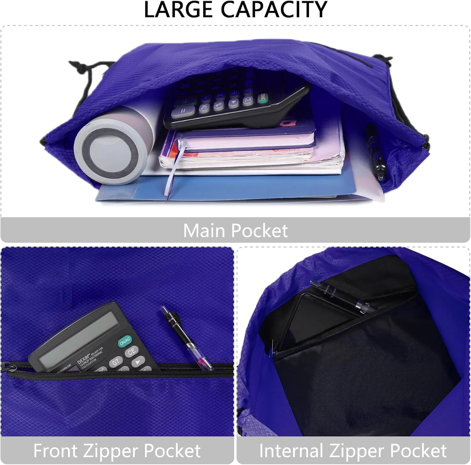 GoodtoU Gym Drawstring Bag, Waterproof Backpack with Zipper Pocket - Cinch Swimming Bag for Men & Women (Blue, 2 pcs)
